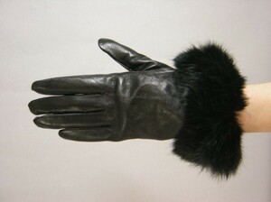 手袋 リアルシープレザー×ラビットファー付き手袋 ふわふわファー グローブ 羊革（ブラック）新品