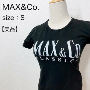 【美品】MAX&Co. マックスアンドコー 半袖ロゴTシャツ ショート丈 黒 レディース カジュアル 小さいサイズ タイト ビッグロゴ ストレッチ