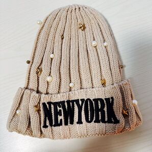 新品 韓国系 ニューヨーク パール ニット帽 キャップ ベージュ