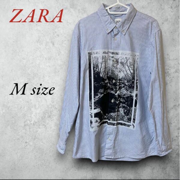 ZARA ザラ　シャツ　メンズ　長袖　ストライプ　青　青ストライプ　長袖シャツ　オーバーサイズ