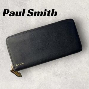 【良品】Paul Smith 長財布　ブラック×ワインレッド　ラウンドジップ