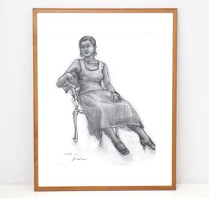 Art hand Auction ju11■Free shipping◆Author unknown◆Drawing◆Woman sitting on a chair◆Pencil drawing◆Portrait drawing◆Frame size 69cm x 88cm◆Painting◆Interior, artwork, painting, pencil drawing, charcoal drawing