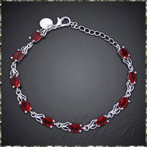 [BRACELET] 925 Sterling Silver Plated Ruby Red Oval CZ ルビー レッド CZ リンク チェーン シルバー ブレスレット_画像2