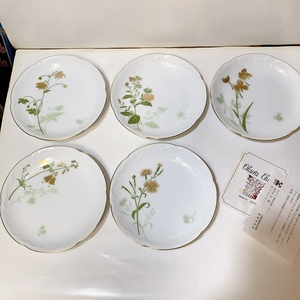 即決 送料無料 未使用 保管品★大倉陶園 OKURA みやまの花 花柄 草花文 デザート ケーキ皿 5枚 柄違い 銘々皿 小皿 プレート 金彩 約15cm