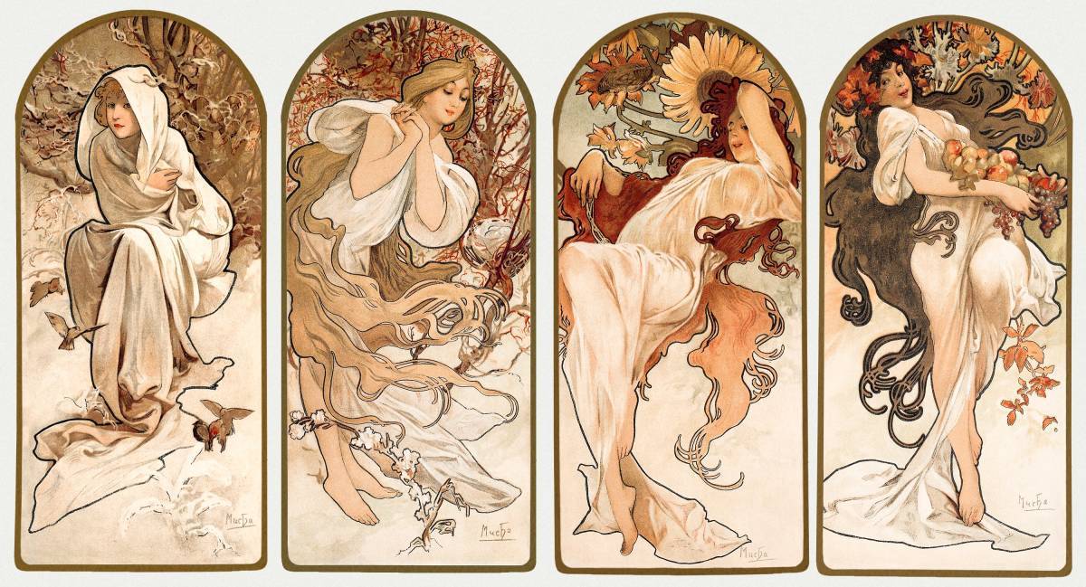 Brand new Mucha's Four Seasons (Winter, Spring, Summer, Autumn) high quality printed painting Large A3 size No frame Special price 1800 yen (shipping included) Buy it now, artwork, painting, others