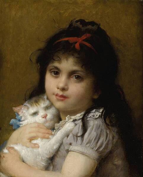 新品 額なし フレオン・ペロー「子猫を抱く少女」の特殊技法高級印刷画 A4版サイズ 特価980円(送料込)