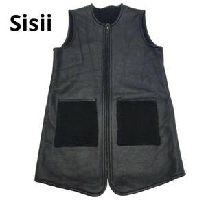 《高級レザー》Sisii シシ リバーシブル 本革 羊革 レザー ムートン ボア 異素材 コンビ ロング ジャケット ベスト 黒　定価10万円弱