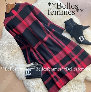 ★Belles*★送料185円★新品M～L*寒さに負けない*Aラインワンピース*しっとりもっちりニット*タータンチェック*236黒赤*オフィスにもTRUBE*