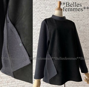 ★Belles*★送料185円★新品M～L*軽くてラクな着心地*フェイクスウェード切替*ヒップが隠れる着丈♪デイリーニットチュニック*40508黒