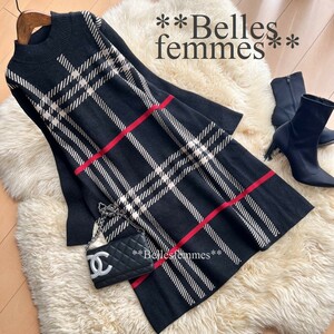 ★Belles*★送料185円★新品M～L*しっとりもっちりニット*簡単コーデ*チェックニット*チュニックワンピース*260ブラック*TRUBE