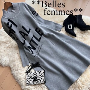 ★Belles*★送料185円★新品M～L/2L*大人のロゴデザイン*ゆとりのあるサイズ感*ハイゲージニットワンピース*1017グレー