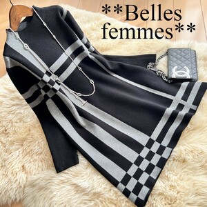 ★Belles*★送料185円★新品M～L*しっとりもっちりニット*大人女性のチェック*ニットチュニック*2201黒グレー*オフィススタイル/セーター