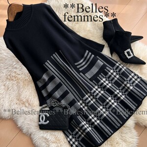 ★Belles*★送料185円★新品M～L*着膨れせずに暖か*しっとりもっちりニット*モックネックチェック柄*チュニックワンピース*269黒*TRUBE