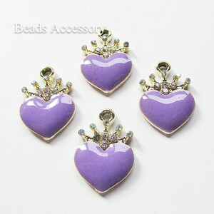 BA-0643 金色王冠にダイヤモンドと紫のハート　22×15mm　4個