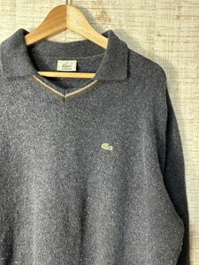 ☆超ビッグサイズ US古着 LACOSTE ラコステ 襟付き Vネックセーター ワニロゴ 刺繍 ネイビー紺【2XL/XXLくらい】ウール　　　　　◆4155◆