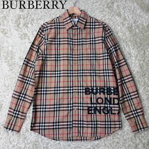 極美品 バーバリー【今市隆二着用】BURBERRY 長袖シャツ ロゴプリント ノバチェック 現行タグ XSサイズ(Mサイズ相当) 綿 コットン ベージュ