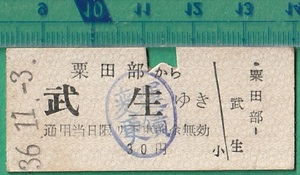 鉄道硬券切符39■福井鉄道 粟田部から武生ゆき 30円 36-11.3 /運賃変更印