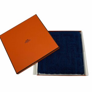 KS 美品 HERMES エルメス カレ タオル ステアーズ ハンドタオル ユニセックス ネイビー ハンカチ 箱付き コットン 100% フランス 青