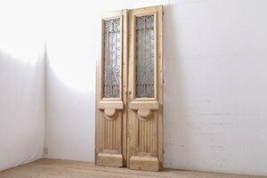 R-068131　フランスアンティーク　パイン材　アイアンフェンスのデザインがお洒落な両開きドア1対2枚セット(建具、木製扉)(R-068131)