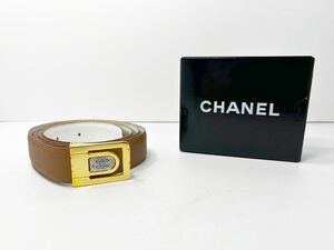 【良品】シャネル CHANEL ココマーク ロゴバックル レザーベルト ブラウン ホワイト メンズベルト