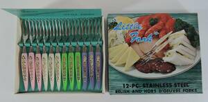 *A302-1 Showa Retro #LITTLE FORK little Fork / fruit Fork / hors d'oeuvre Fork 4 color 12 pcs set # unused 