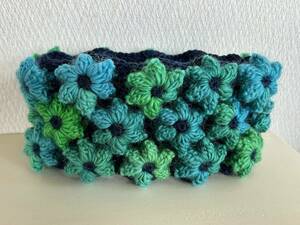◆ぷくぷく玉編みお花モチーフスヌード　青緑グラデーション×紺　　♪かぎ針編み　ハンドメイド　