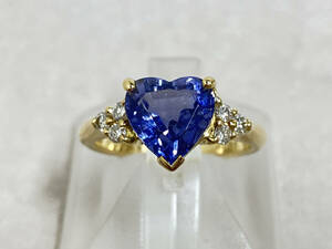 新品仕上済み 【天然アイオライト1.77ct】K18／ダイヤ0.16ct／ハートカットリング／指輪／8.5号／3.8g