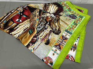 HERMES エルメス スカーフ シルクスカーフ グリーン系 絵 インディアン 馬 犬