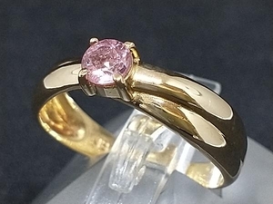 K18 18金 YG ピンク石 デザイン リング 指輪 イエローゴールド 2.5g #11.5 店舗受取可