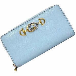 グッチ ラウンドファスナー 長財布 ライトブルー ゴールド ズゥミ 570661 財布 GG レザー 中古 GUCCI