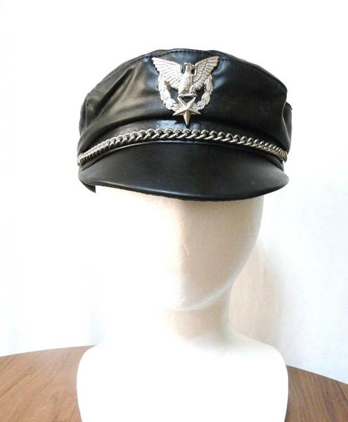 90's バイクレザーキャップ Men's Flat Top Genuine Leather Biker Cap Made in U.S.A. デッドストック・送料込