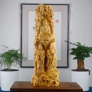 黄楊木彫 西方三聖仏像 置物 阿弥陀仏大勢至浄瓶観音菩薩 高20cm