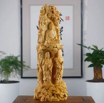 黄楊木彫 西方三聖仏像 置物 阿弥陀仏大勢至浄瓶観音菩薩 高20cm_画像2