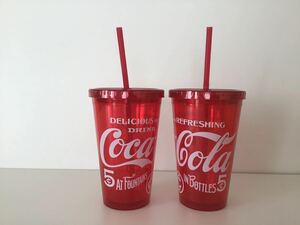 coca-cola(コカコーラ)ダブルウォール タンブラー/ストロー・フタ付きプラカップ/2個セット/473ml