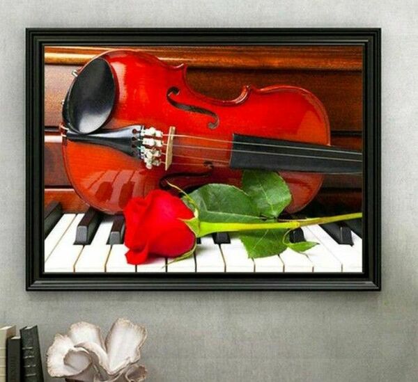 新品ダイヤモンドアート 30×40 バイオリンとピアノと薔薇 赤 白 花 楽器
