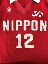 r2_1771 リコーダー アシックス 旧ロゴ 日本製 バレーボール 日本代表 半袖 ユニフォームシャツ Vネック レッド×ホワイト メンズ L程度_画像3