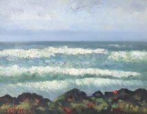 油彩画「海の風景」6号相当 Kiyoto作 額装品 / 風景画 力強い波が押し寄せている。_画像1