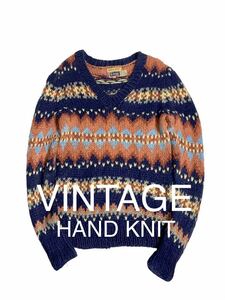 VINTAGE HAND KNIT 手編み ビンテージ 輸入 古着 セーター ニット Vネック フェアアイル アクリル ニットセーター レディース