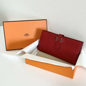 新品HERMES エルメス ベアンスフレ 赤 レッド 長財布 C刻 シルバー金具