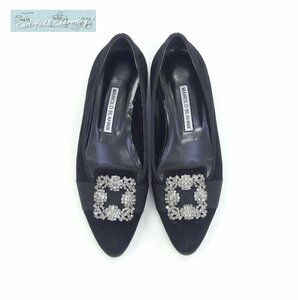 MANOLO BLAHNIK フラットシューズ オペラシューズ MARRIA 35 1/2 ブラック ベルベット ハンギシビジュー