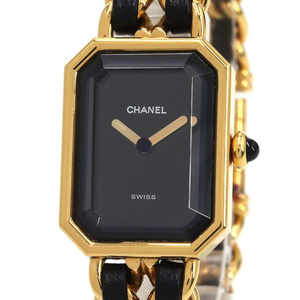 [3 year guarantee ] Chanel lady's Premiere M H0001 GP leather M size black face quarts rek tongue gyula- wristwatch used free shipping 