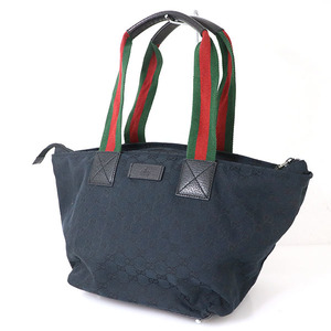 グッチ GUCCI ブラック レザー GGキャンバス シェリーライン トートバッグ 131230 204990 レディース 【xx】【中古】4000001801602324