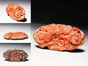 【桃】アンティーク帯留め：珊瑚透かし彫テッセンに菊花