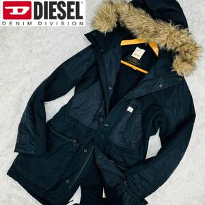 極美品【L並】極暖のブラックデニムコート!!ディーゼル DIESEL ファー 牛革 レザー ジップブルゾン アウター 異素材切替し ミリタリー 中綿