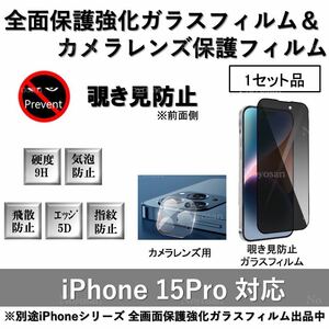 iPhone15Pro対応 覗き見防止全面保護強化ガラスフィルム&背面カメラレンズ用透明強化ガラスフィルムセット