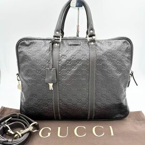 1円〜グッチGUCCI美品ブリーフケースビジネスバッグ 2way ショルダーバッグ紐シマレザーGG南京錠金具大容量書類A4革ブラック黒オールレザー