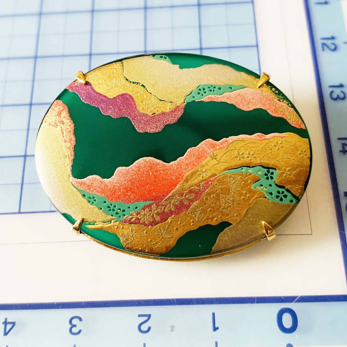 Stored item, unused, natural agate, green, hand-painted scenery, gold lacquer, gold 2WAY brooch obi clasp No.S437, women's kimono, kimono, Japanese accessories, Obidome