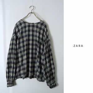 ザラ ZARA☆スペイン製☆チェック柄 ボリュームスリーブブラウス Mサイズ☆K-M 4293