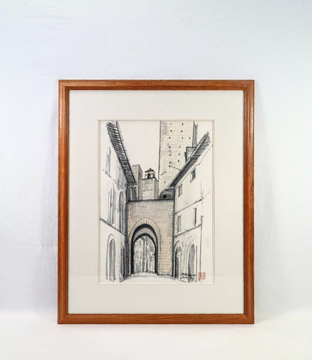 Genuine work by Kazuhiro Matsui, 1981, ink painting S.Gimignano, size 38cm x 53cm, from Aichi Prefecture, director of the Sogakai, the beautiful town of towers, Italy, San Gimignano 8142, Artwork, Painting, Ink painting