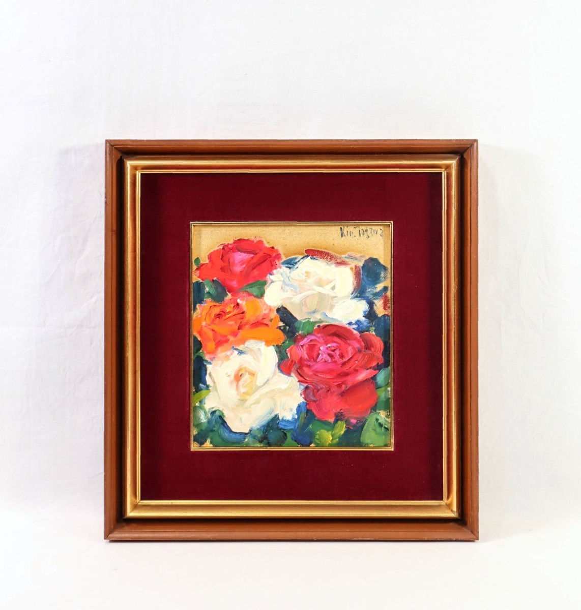 Genuine work by Kinji Tagawa Oil painting Rose Size: 24cm x 27cm Born in Osaka Prefecture Member of Shunyo-kai Studied under Kanichi Tagawa A colorful and vivid rose flower painted with powerful brushstrokes on a gold background 8204, Painting, Oil painting, Still life